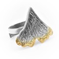 Pierścionek srebrny liść miłorzębu pozłacany detal ręcznie wykonany